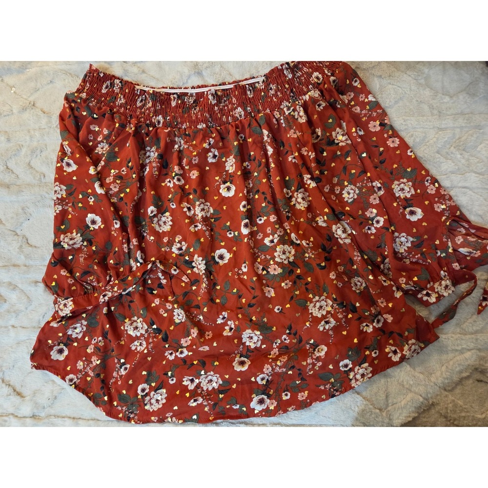 J for Justify Rust Red Floral Gold Heart Cold Shoulder Smocked Blouse Top 2X Top